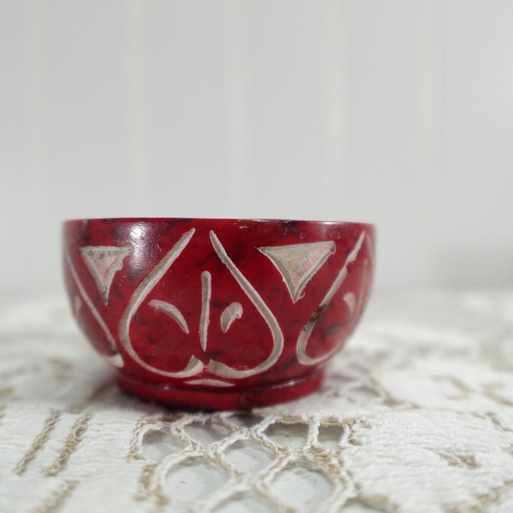 Hand Carved Red Stone Tealight Candle Holder Made in India Boho Decor